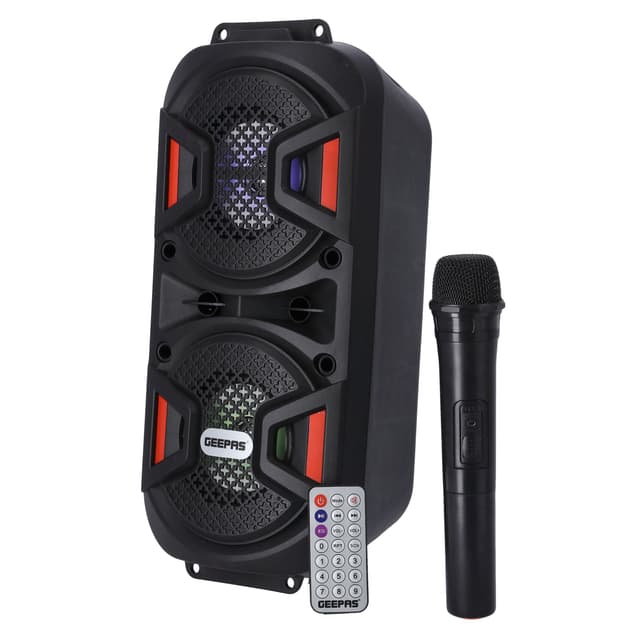 Geepas Rechargeable Portable Speaker - Portable Handle with 1500 MAH Huge Battery- TWS Connection & Compatible with BT/ USB/ AUX/ FM/ Micro SD - Ideal for Home, Hotels, Trips & Outdoor Use - 257769