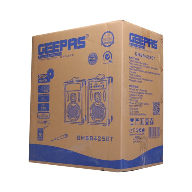 Geepas GMS8425 6.5" 2 Channel Professional Speakers Master Volume/Bass/Treble Knob Wireless Microphone USD & SD Ports - 126112