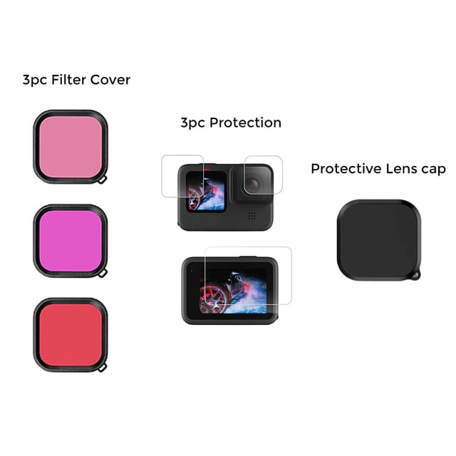O Ozone 7 in 1 Kit Compatible for Gopro Hero 9 Action Camera Accessories with Silicone Lens Cap, Tempered Glass Protector, Lens Filters for GoPro Hero 9 Black - Black