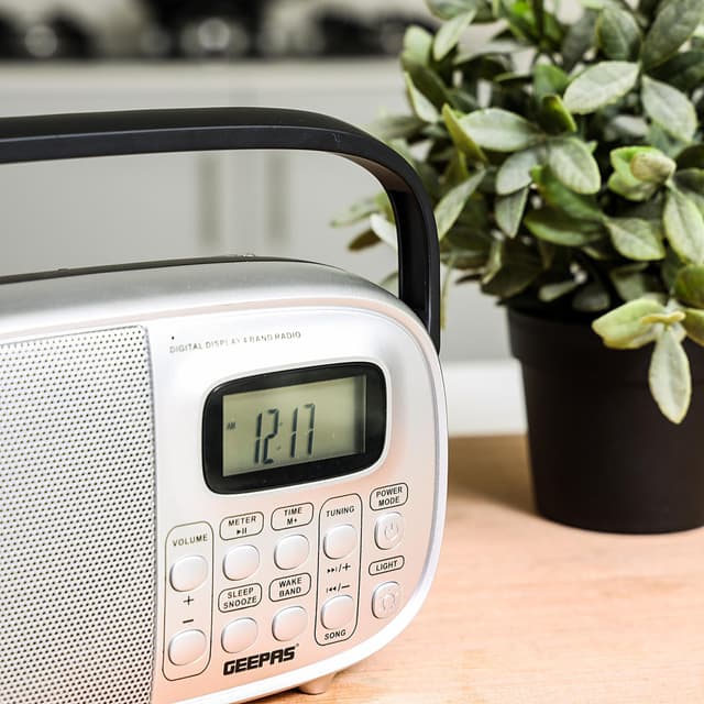 Geepas Rechargeable Radio - FM/AM Radio with 2 Headphone Socket - Enhanced Portable Comfortable Handle & Timer Auto Start, Digital Display- Ideal for Indoor & Outdoor use - 2 Years Warranty