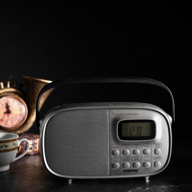 Geepas Rechargeable Radio - FM/AM Radio with 2 Headphone Socket - Enhanced Portable Comfortable Handle & Timer Auto Start, Digital Display- Ideal for Indoor & Outdoor use - 2 Years Warranty