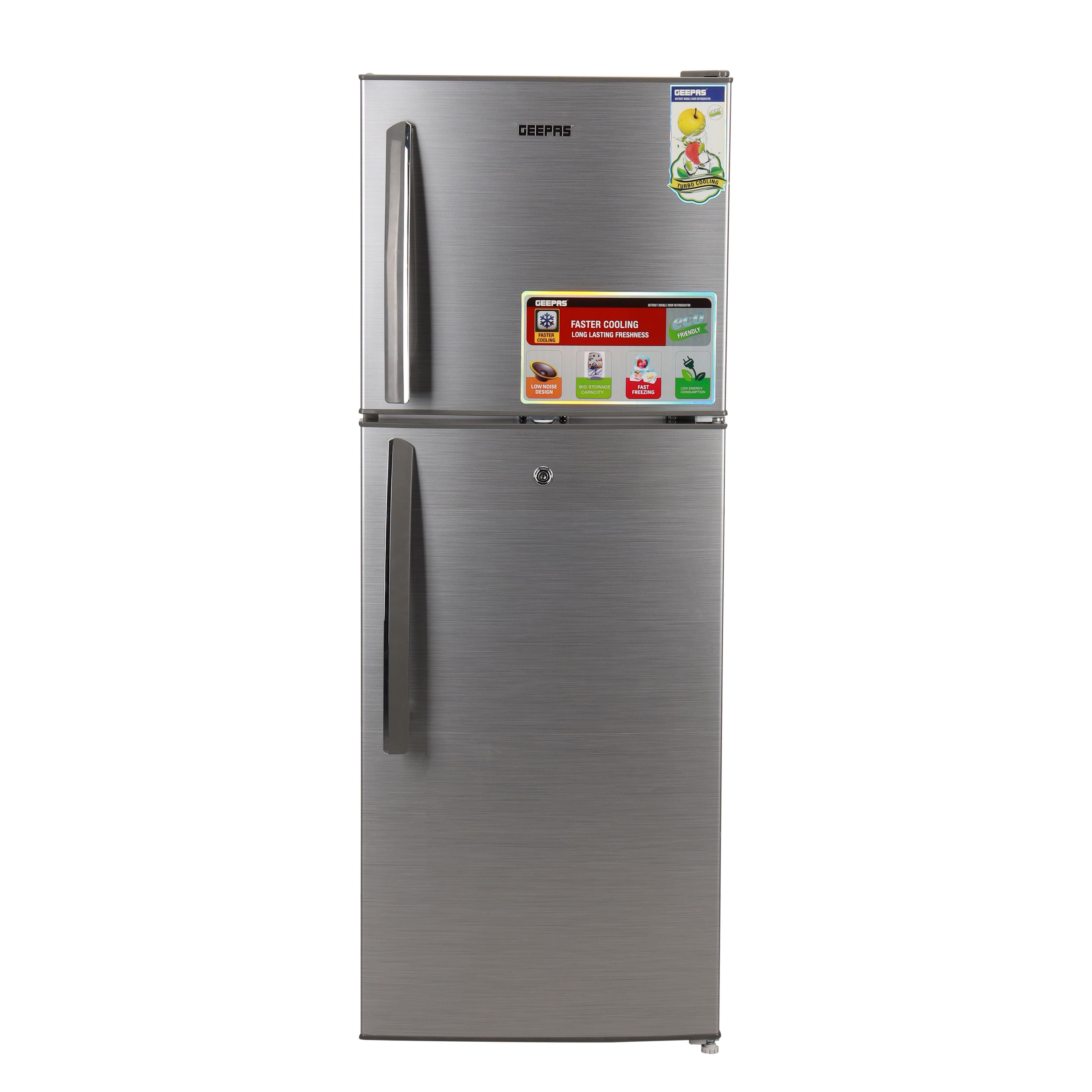 Geepas 220L Double Door Refrigerator - Free Standing Durable Double Door Refrigerator, Quick Cooling & Long-lasting Freshness, Low Noise, Low Energy Consumption, Defrost Refrigerator - 1 Year Warranty