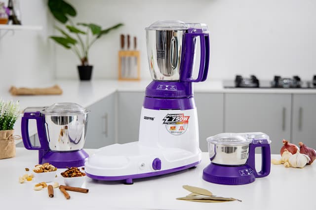 Geepas 750W 3-in-1 Mixer Grinder - Stainless Steel Jars & Blades - 3 Speed, Safety Twist Lock - Perfect for Dry & Wet Fine Grinding - Indian Curry Spices Coconut Grinding Mixing - 2 Years Warranty