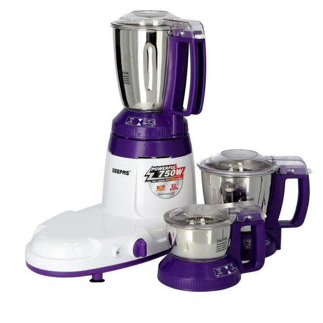 Geepas 750W 3-in-1 Mixer Grinder - Stainless Steel Jars & Blades - 3 Speed, Safety Twist Lock - Perfect for Dry & Wet Fine Grinding - Indian Curry Spices Coconut Grinding Mixing - 2 Years Warranty