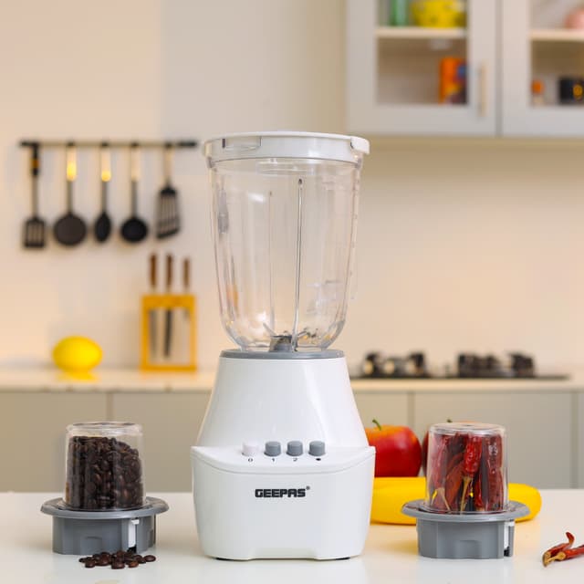 Geepas 400W 3 in 1 Blender - 1.5L Unbreakable Jar, 2 Sharp Stainless-Steel Blades with 2 Speed & Pulse - 2Pc Small Mill, Coffee/Spice Grinder Included - Ideal for Smoothie, Juice, Milkshake & More - 126896