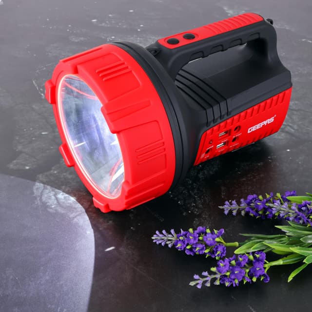 Geepas GSL5572 Rechargeable LED Emergency Searchlight - Portable Spotlight with 10 Hours Working with 2 USB Input - Ideal for Camping, Outdoor & Emergency Power Cuts