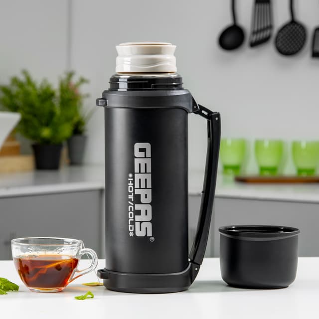 Geepas 1.8L Stainless Steel Vacuum Flask - Vacuum Insulated Bottle - Thermo Flask with Double Wall Vacuum Insulation Design - Hot & Cool, Portable & Leak Proof - Preserves Flavor & Freshness - For Camping Hiking - 123345