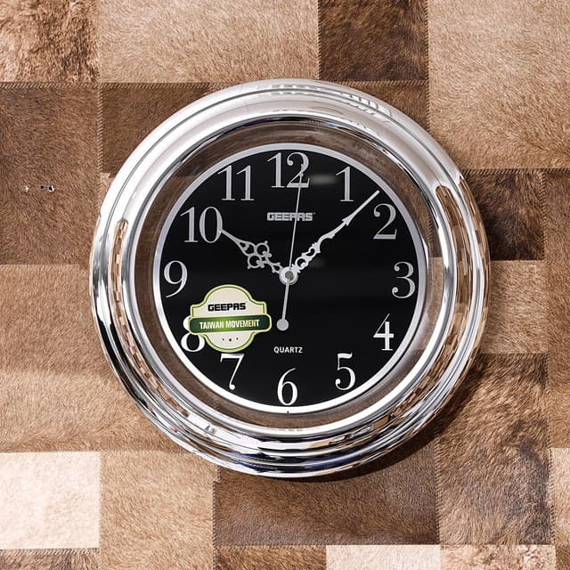 ساعة حائط جيباس بدون صوت أسود وفضي  Geepas Wall Clock Silent Non Ticking