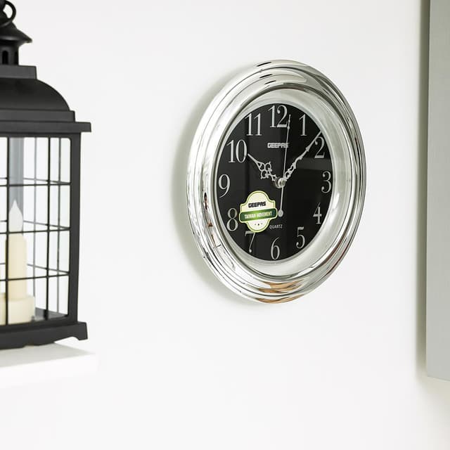 ساعة حائط جيباس بدون صوت أسود وفضي  Geepas Wall Clock Silent Non Ticking