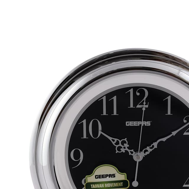 ساعة حائط جيباس بدون صوت أسود وفضي  Geepas Wall Clock Silent Non Ticking