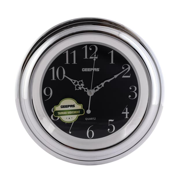 ساعة حائط جيباس بدون صوت أسود وفضي  Geepas Wall Clock Silent Non Ticking