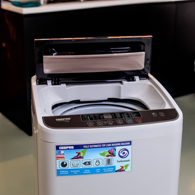 Geepas Fully Automatic Top Loaded Washing Machine 6kg - Auto-Imbalance, Gentle Fabric Care, Turbo Wash, Anti Vibration & Noise, Child Lock, Stainless Steel Drum - 121109