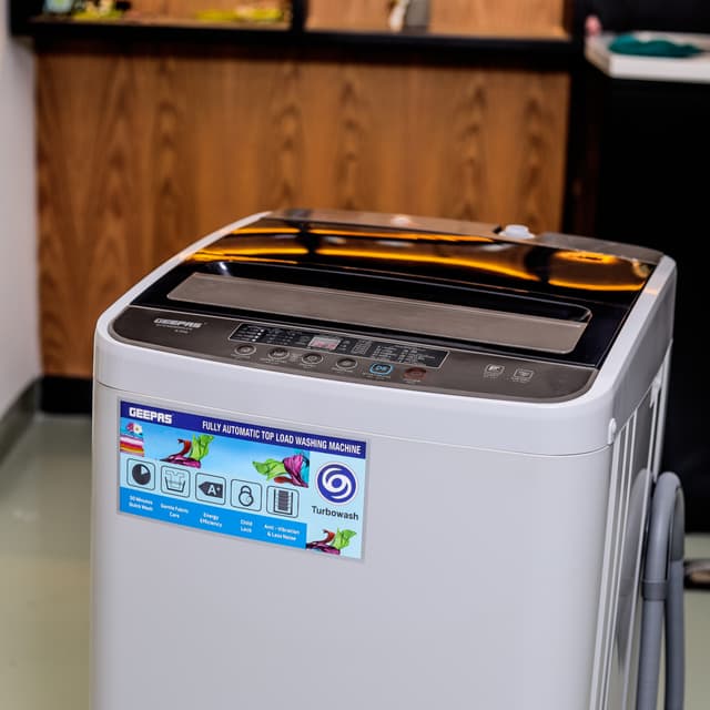 Geepas Fully Automatic Top Loaded Washing Machine 6kg - Auto-Imbalance, Gentle Fabric Care, Turbo Wash, Anti Vibration & Noise, Child Lock, Stainless Steel Drum - 121111