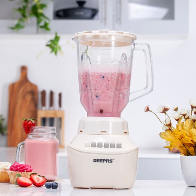 Geepas GSB5409 250W 2 in 1 Blender - Stainless Steel Blades, 4 Speed Control with Pulse - Over Heat Protection- Ice Crusher, Chopper, Coffee Grinder & More