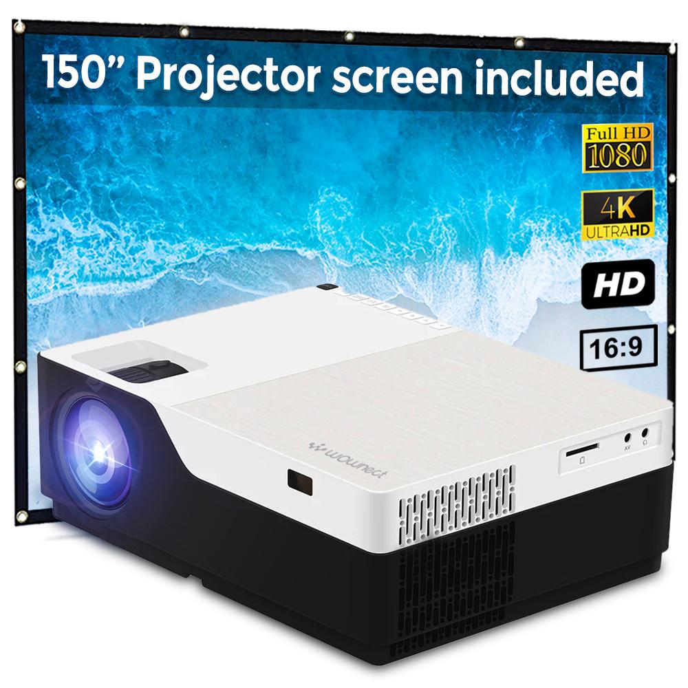 Wownect Full HD LED Projector 1080, 5500 Lumens, Keystone Correction, Screen of 46â€-300â€ Mobile Mirroring Via HDMI Cable, Office Presentation or Home Theater Included 150" Projection Screen - White
