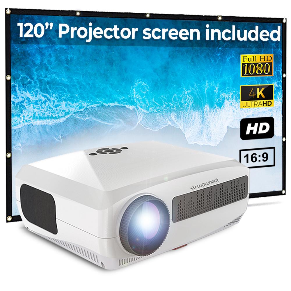 Wownect 1080p Full HD LED Android Projector [2GB RAM 16GB ROM] [250 ANSI / 5500Lumens] WiFi Video Projector 4K with Screen 60-200" [ Support Airplay, MiraCast ] Included 120" Projection Screen - White