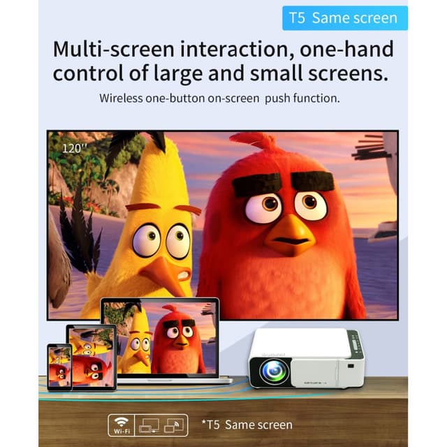 بروجكتر صغير منزلي 100 لومن 40-140 إنش أتش دي واي فاي أبيض وونكت Wownect T5 Home Mini Projector