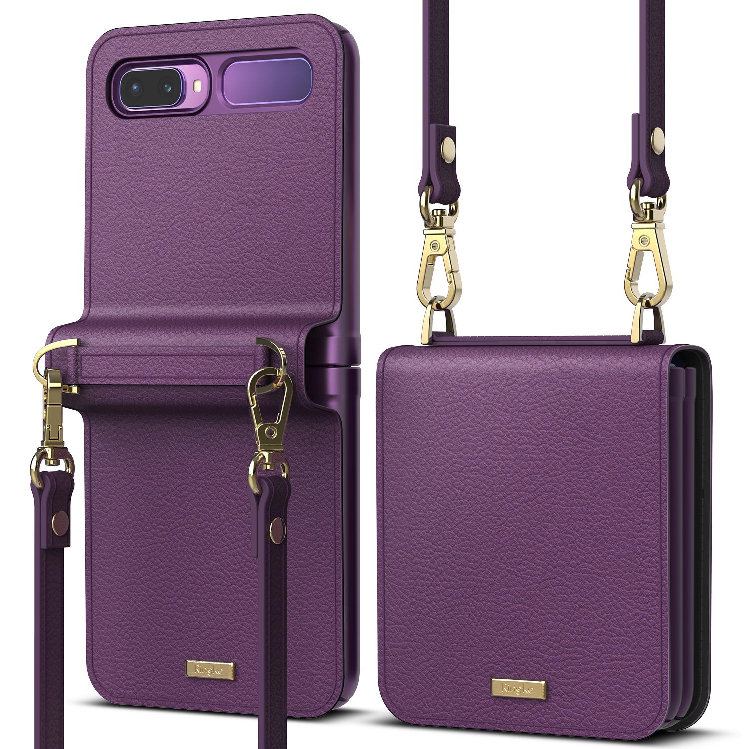 Ringke Folio Signature Compatible with Galaxy Z Flip / Z Flip 5G Case, Soft PU Leather Flip Case with Card Slot [Supports Wireless Charging][Perfect Fit Case for Samsumg Galaxy Z Flip 5G ]- Purple - Purple