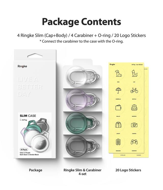 Ringke Rinkge Slim Case Compatible with Apple Airtag Cover Transparent Lightweight With Carabiner Keychain for keys, Accessories, Earbuds, Pet Collars [4 Pack] - Assorted Color - Multicolor - SW1hZ2U6MTI4NDY5
