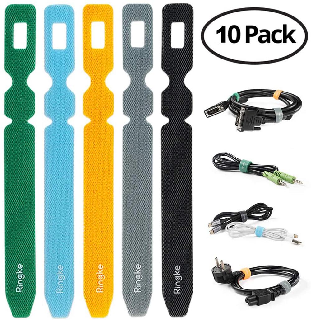 Ringke Magic Cable Tie Unicolor Reusable Hook and Loop Strap Organizer for Fastening Cable Cords and Wires [ Pack of 10 Assorted Colors ] - Multicolor