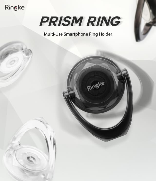 Ringke Prism Ring (Multi-Angle), Finger Ring Phone Holder Stand Attachable Full 360 Adjustable Rotation Grip Universal Smartphone Loop Kickstand for iPhone, For Galaxy Phone -[1 Clear 1 Smoke Black] - Clear, Smoke Black