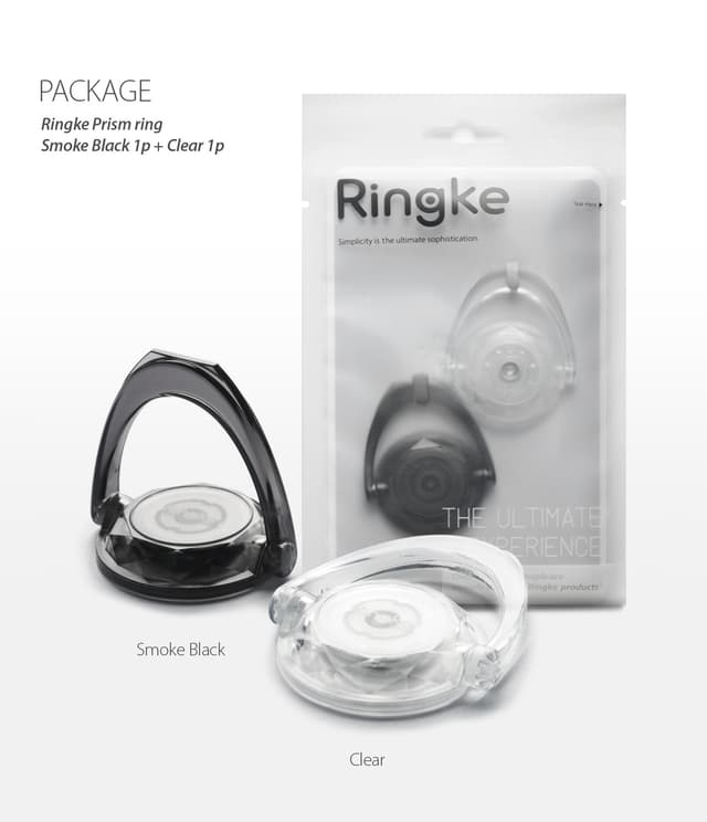 Ringke Prism Ring (Multi-Angle), Finger Ring Phone Holder Stand Attachable Full 360 Adjustable Rotation Grip Universal Smartphone Loop Kickstand for iPhone, For Galaxy Phone -[1 Clear 1 Smoke Black] - Clear, Smoke Black