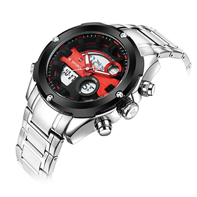 Naviforce 9088 Analog-Digital Sports Watch Leather Band Dual Movement WristWatch - Silver, Red - Red