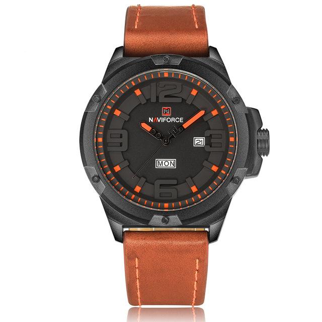 Naviforce 9100 Men's Sports Waterproof Leather Strap Quartz Movement Wristwatch - Orange - Orange