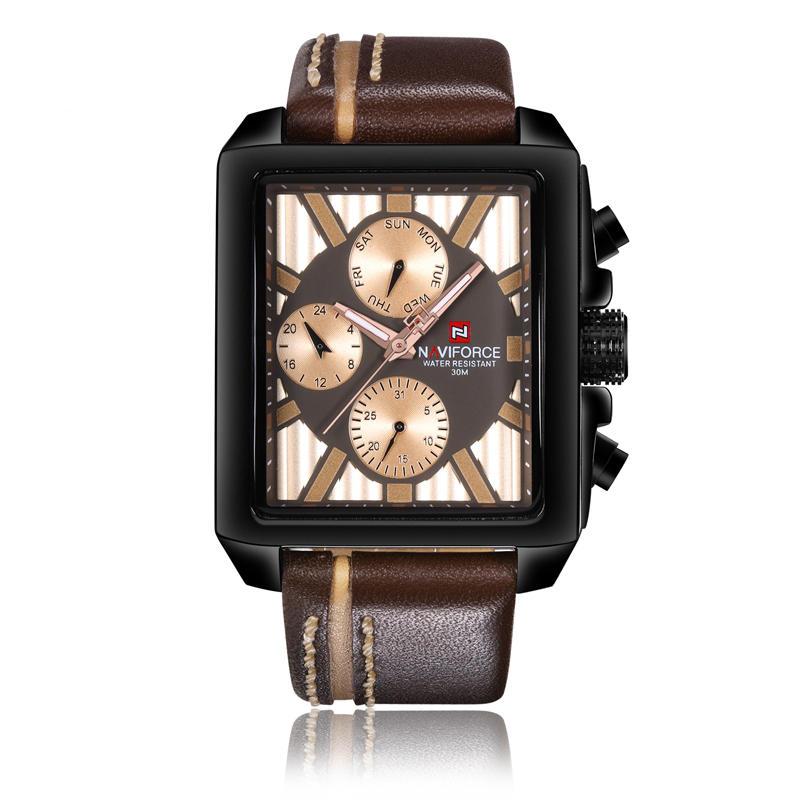 Naviforce 9111 Analog Men's Leather Strap Watch Quartz Movement with Calendar Diplay - Brown - Brown