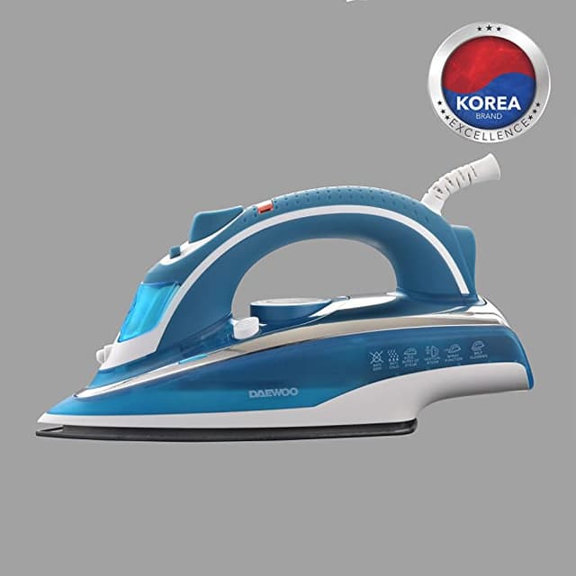 مكواة كهربائية بالبخار 2200 واط Daewoo Steam Iron with Ceramic Soleplate Anti-Drip Anti-Calc Auto Shut-Off Self Clean Spray & Steam Function