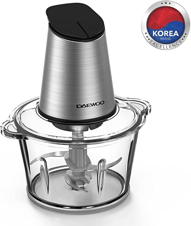 Daewoo 500W 1.8L Stainless Steel Food Chopper with Glass Bowl, Quad Blade, Mincer & Grinder Function Korean Technology