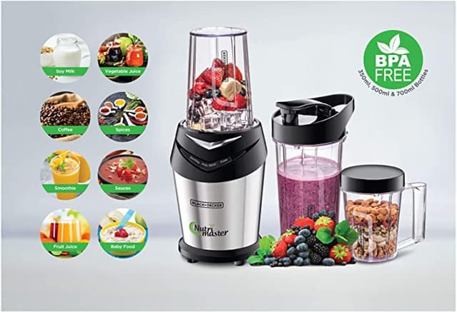 خلاط سموثي يدوي 600 واط Black+Decker NutriMaster Blender/Smoothie Maker  3 Jars with Lids - 128817