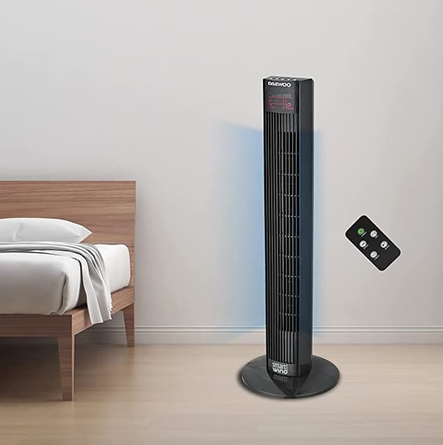 Daewoo 36 inch Digital Tower Fan with Remote, Timer, Oscillation, 3 Fan Speeds & 3 Wind Modes 45W Korean Technology - 129124