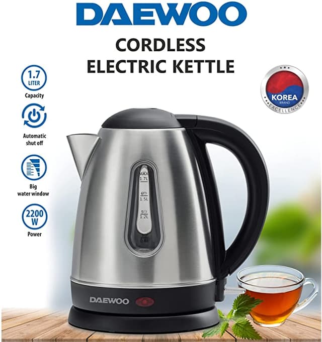 بويلر 1.7 لتر Daewoo Stainless Steel Electric Kettle with Dual Water