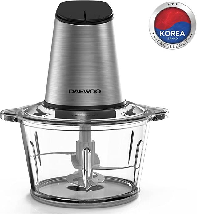 Daewoo 500W 1.8L Stainless Steel Food Chopper with Glass Bowl, Quad Blade, Mincer & Grinder Function Korean Technology
