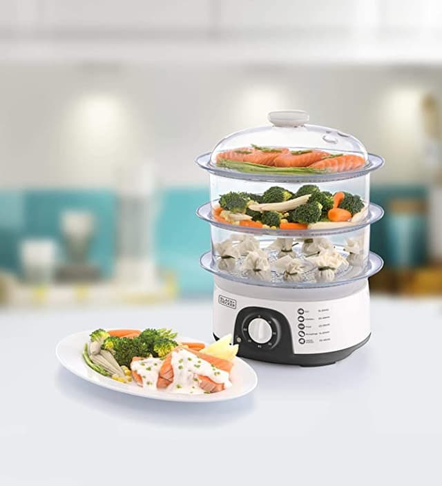 BLACK&amp;DECKER Black+Decker 775W 10 Liter 3 Tier Food Steamer with Timer White  HS6000 B5 2 Years Warranty