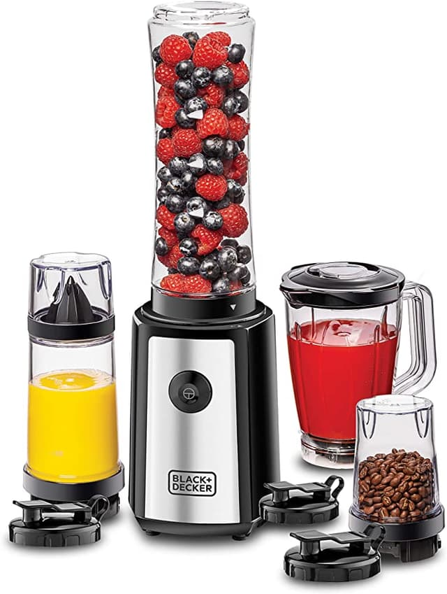 BLACK&DECKER Black+Decker 300W 16 Piece 4 in 1 Personal Compact Sports Blender/Smoothie Maker with Citrus Juicer & Grinder Mill Silver/Black  SBX300BCG B5 2 Years Warranty