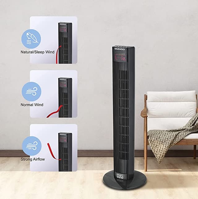 Daewoo 36 inch Digital Tower Fan with Remote, Timer, Oscillation, 3 Fan Speeds & 3 Wind Modes 45W Korean Technology