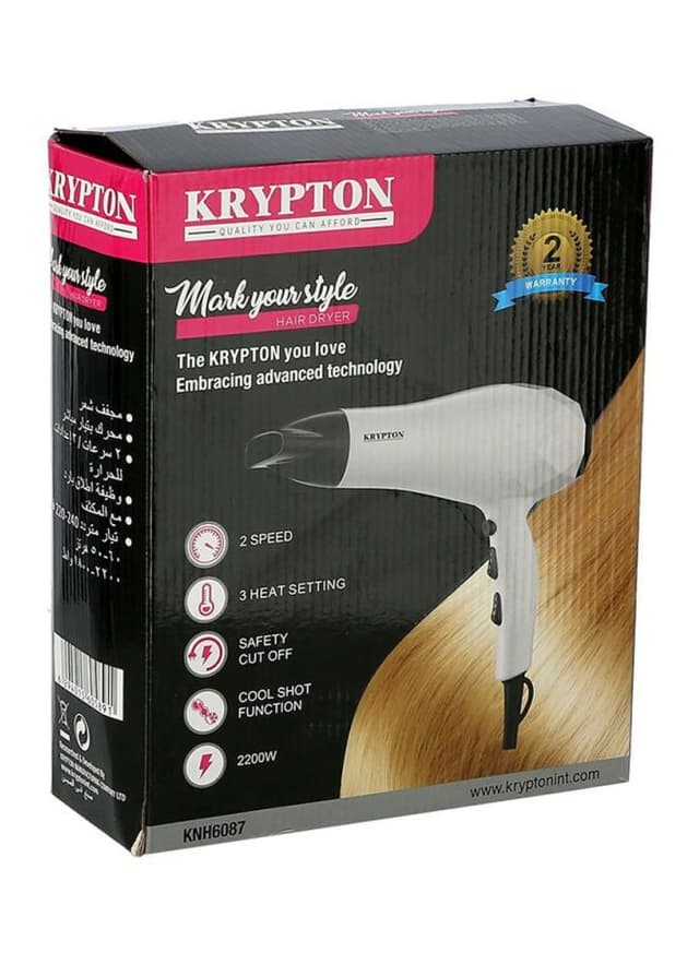 Krypton Powerful Hair Dryer Concentrator   Salon Quality with Cool Shot Function White/Black 23x9.8x27.8cm