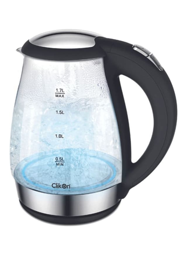 ClikOn Cordless Glass Body Electric Kettle With LED Glow Indicator,1.7L, 2200W 1.7 l 2200 W CK5128 Clear/Black/Silver