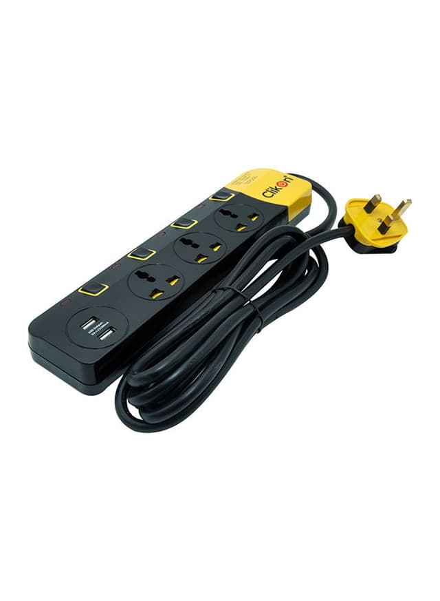 ClikOn 3 Way Socket Extension Adapter With USB Port CK556 N Black/Yellow