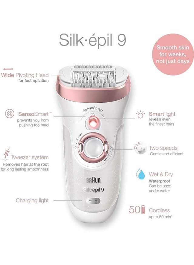 BRAUN SensoSmart Silk Epil 9 Wet And Dry Epilator And Facial Cleansing Brush White/Rose Gold