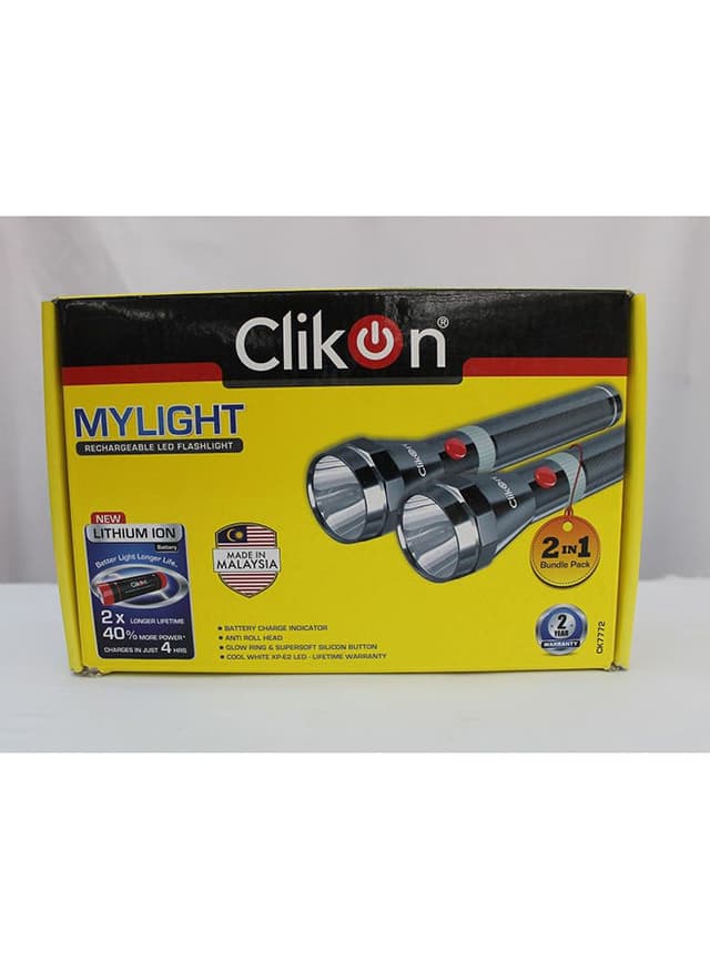 ClikOn 2 Piece Rechargeable LED Flashlight Torch Silver