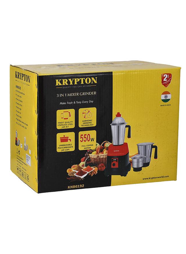 Krypton 3 In 1 Mixer Grinder With Stainless Steel Blades & Unbreakable Lids 3 kg 550 W KNB6192 Red