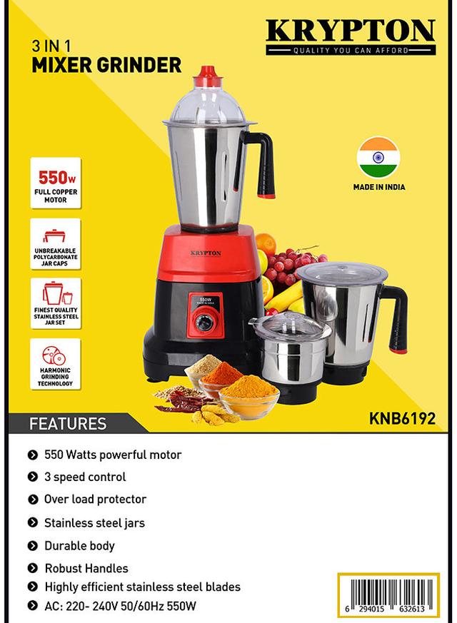 Krypton 3 In 1 Mixer Grinder With Stainless Steel Blades & Unbreakable Lids 3 kg 550 W KNB6192 Red