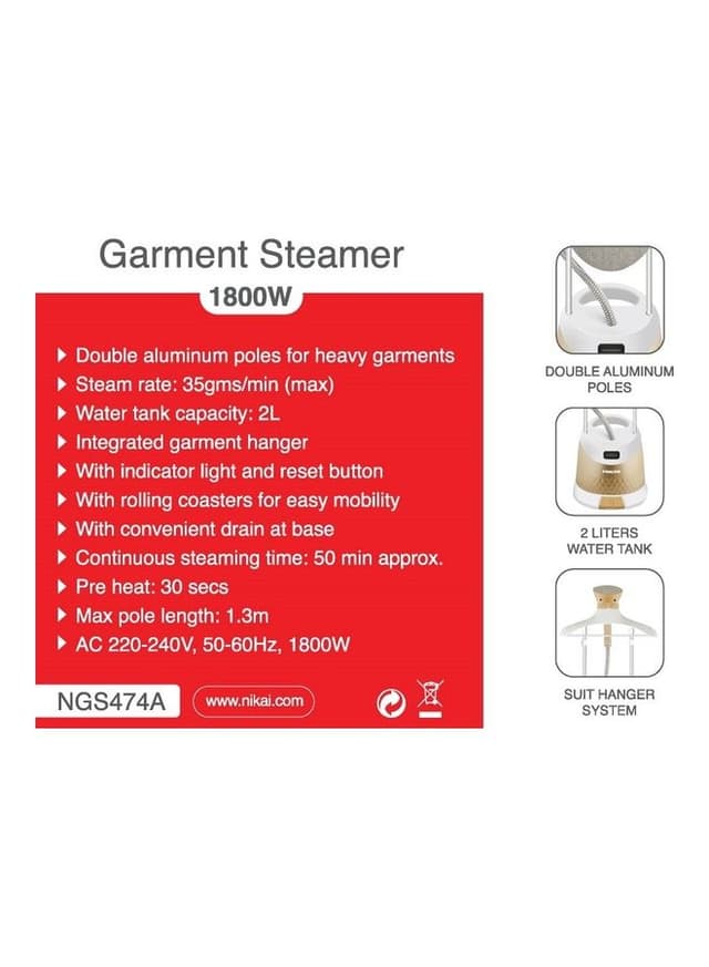مكواة بخار بسعة 2 لتر وقوة 1800 واط Nikai - Garment Steamer