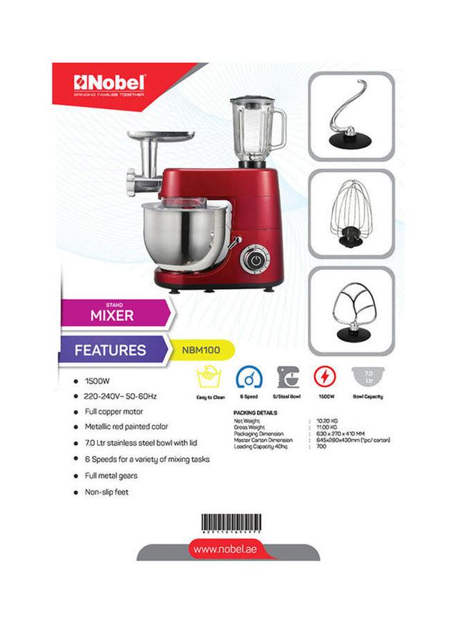 NOBEL 3 In 1 Bowl Mixer Blender And Meat Grinder Copper Motor 1500W 7 l 1500 W NBM100 Red - SW1hZ2U6MjM5ODEw