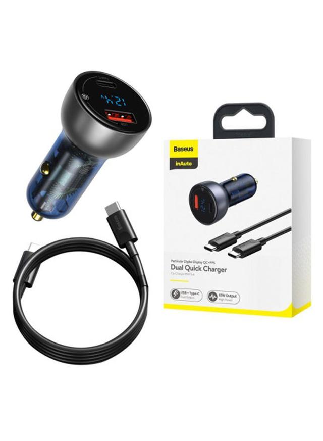 شاحن سيارة مع كيبل شحن باستطاعة Baseus Digital Display QC+PPS Dual Quick Car Charger with Type-C Cable 65W