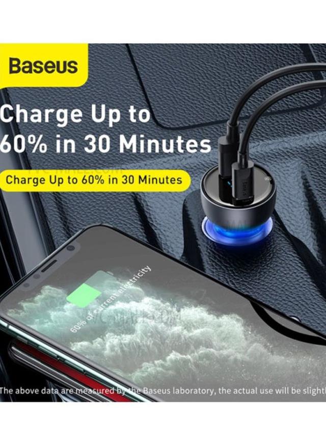 شاحن سيارة مع كيبل شحن باستطاعة Baseus Digital Display QC+PPS Dual Quick Car Charger with Type-C Cable 65W
