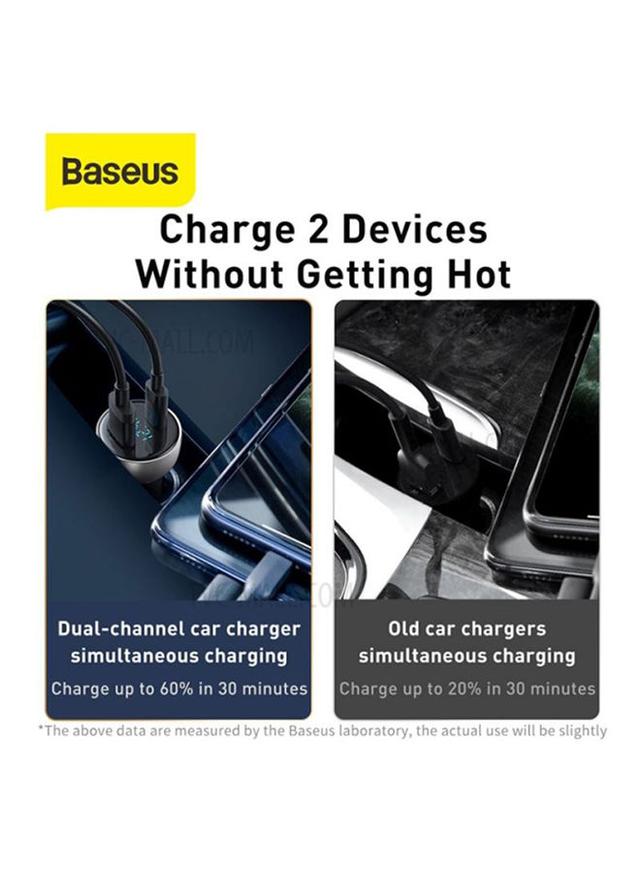 شاحن سيارة مع كيبل شحن باستطاعة Baseus Digital Display QC+PPS Dual Quick Car Charger with Type-C Cable 65W